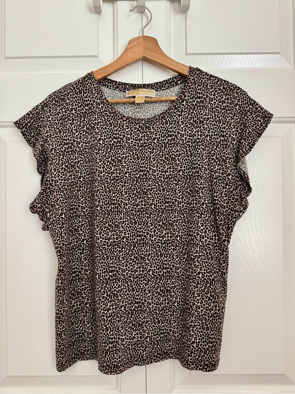 Michael Kors Tan and Black Leopard-Print Ruffle Sleeve Tee